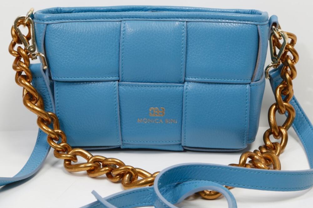 Monica Bini Blue Woven Leather Crossbody Bag Gold Chunky Chain Strap Italy